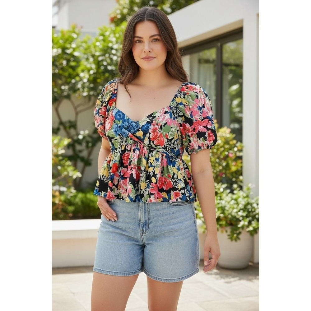 Floral Puff Sleeve Sweetheart Peplum Top XL Black Pink Blue Cotton Blend
